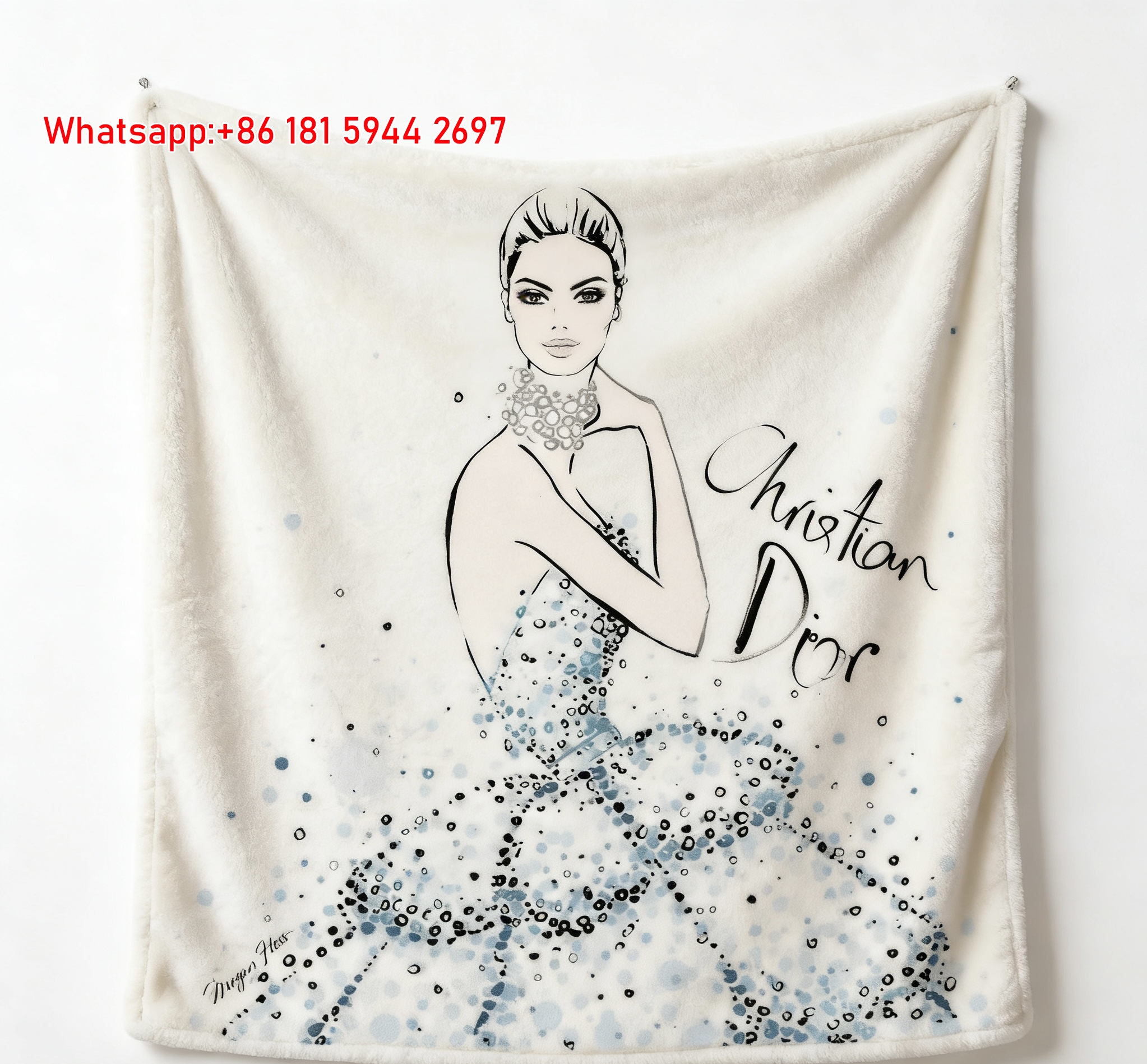 Christian Dior Megan Hess Blue Sparkle Gown Flannel Sofa Throw Blanket D176
